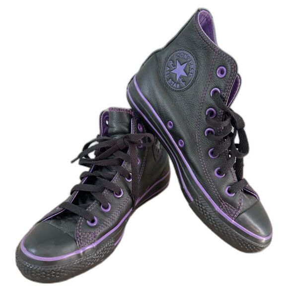 Converse All Star Black and Purple Leather High Top Shoes size 7.5 W 5.5 M - Picture 1 of 10
